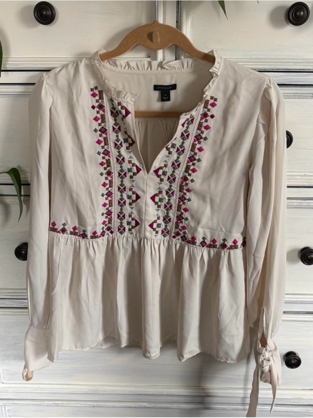 Ann Taylor Cream Peasant Blouse with Pink Embroidery